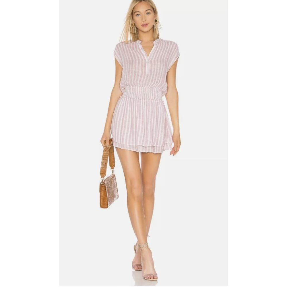 Rails Angelina Rose Pink Stripe Linen Blend Smocked Ruffle Hem Mini Dress Large